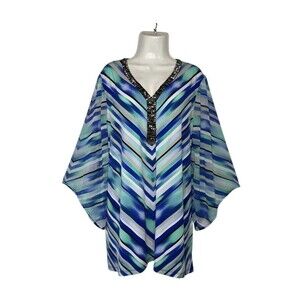 JM Collection Plus Size 3X Kaftan Tunic Blue Chevron Beaded V-Neck Blouse Party